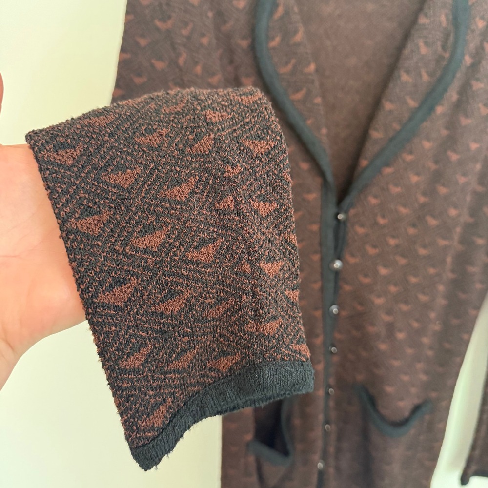 Vtg French Rags Brown Black Geometric Jacquard Rayon Knit Longline Cardigan Sz 2 - Picture 8 of 11